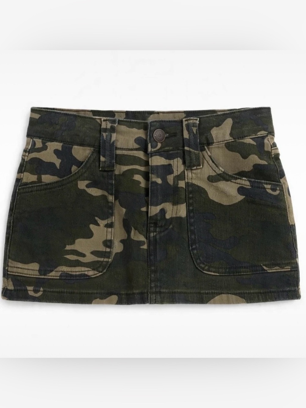 Camo Print Olive Mini Skirt with Patch Pockets